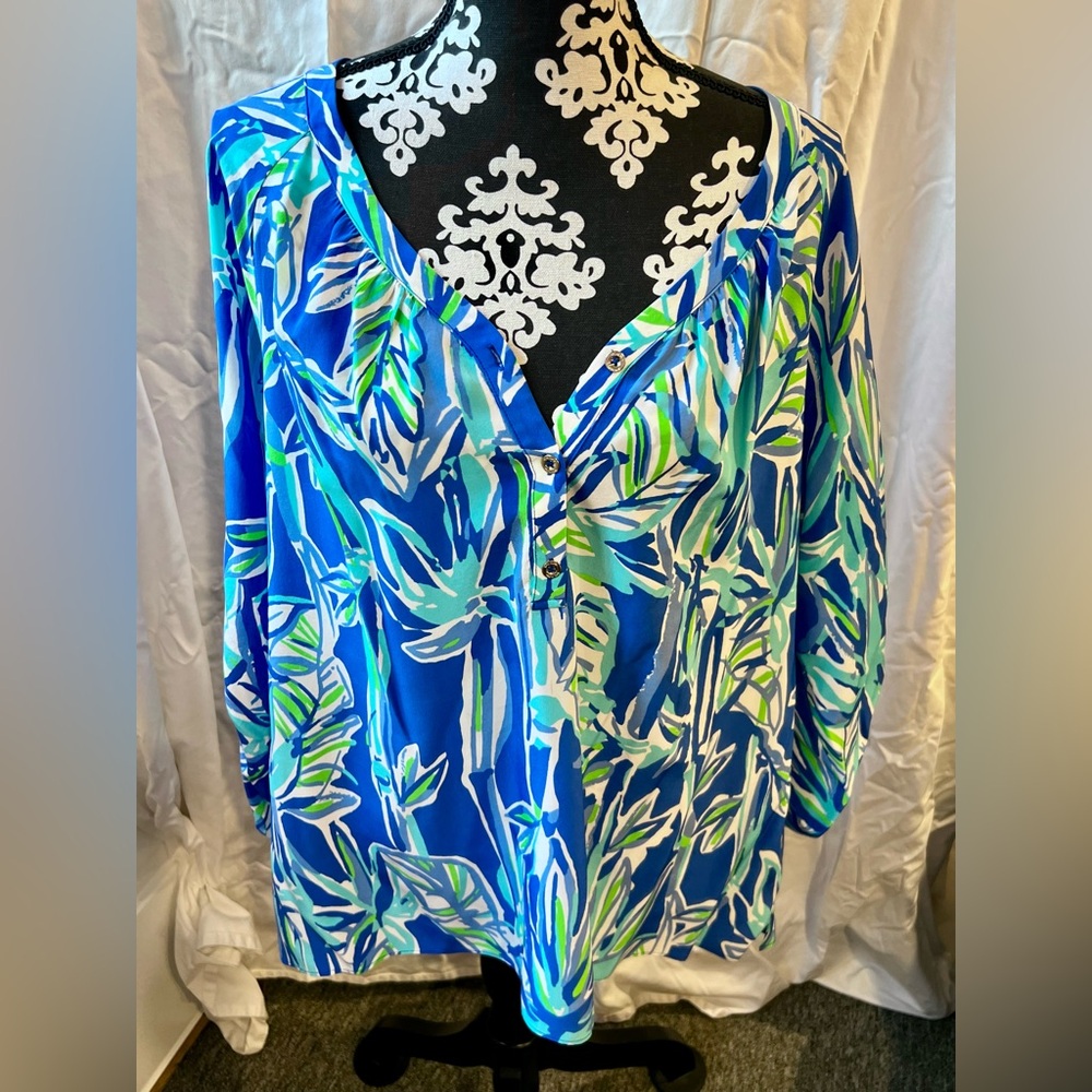 Lilly Pulitzer Palmetto Blue Crush/Bamboom Silk Blouse Top